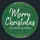 Deep GREEN Gold Glitter Confetti Merry Christmas Classic Round Sticker<br><div class="desc">Lovely personalised calligraphy script Merry Christmas Holiday stickers to add to your envelopes,  greeting cards and/or gifts.  Green background (can be changed to any colour) colour with faux gold glitter confetti.  Perfect for any holiday occasion. Editable template labels.</div>