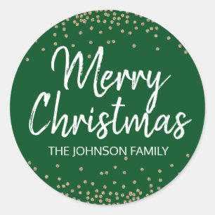 Deep GREEN Gold Glitter Confetti Merry Christmas Classic Round Sticker