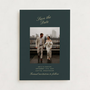 Deep green , gold photo wedding card save the date