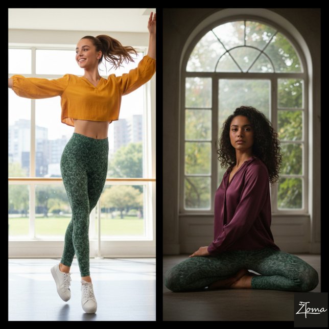 Deep Green Gray Ombre Damask Tapestry Leggings (Creator Uploaded)