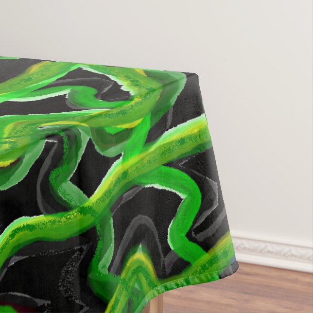 Deep green grey lemon and black swirls tablecloth (In Situ)