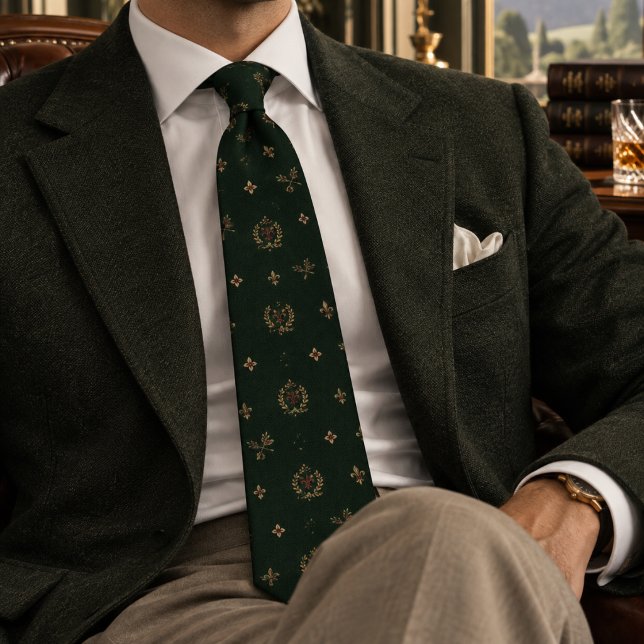 Deep Green Heraldic Laurel Fleur De Lis Pattern Tie (Creator Uploaded)