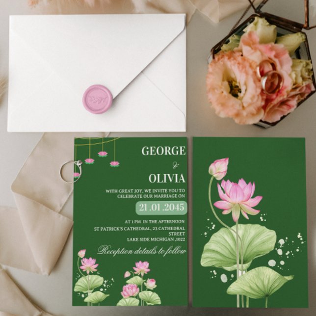 Deep Green Lotus Flower Indian Wedding Invitation (Creator Uploaded)