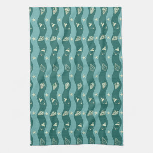 Deep Green Ocean Waves & Seashells Seamless Patter Tea Towel