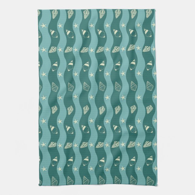 Deep Green Ocean Waves & Seashells Seamless Patter Tea Towel (Vertical)