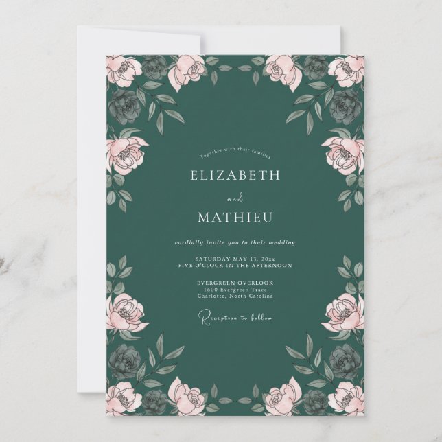 Deep Green Poetic Bloom Wedding Invitation (Front)