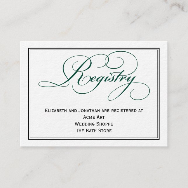Deep Green Script Wedding Registry Information Enclosure Card (Front)