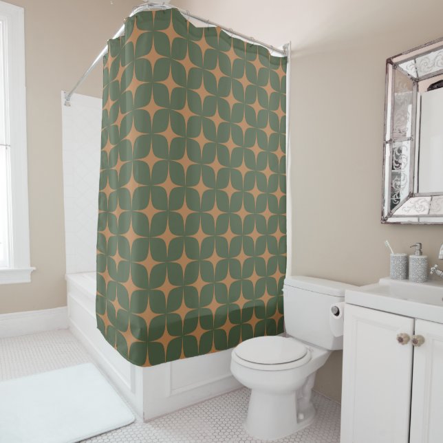 Deep Green Terracotta Mid Century Modern Boho  Shower Curtain (In Situ)