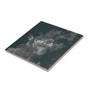 Deep Green Vintage Floral Still Life Stylish Tile
