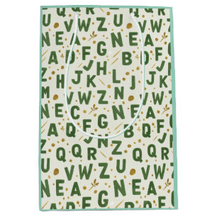 Deep Green Watercolor Alphabet & Gold Glitter Medium Gift Bag