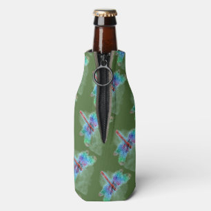 Deep Green with Abstract Multicolored Dragonfly Bottle Cooler