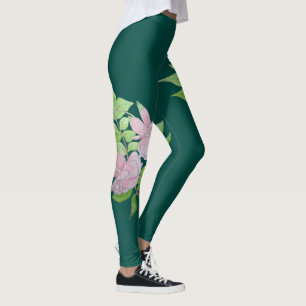 deep green with large pink flower pattern floral leggings