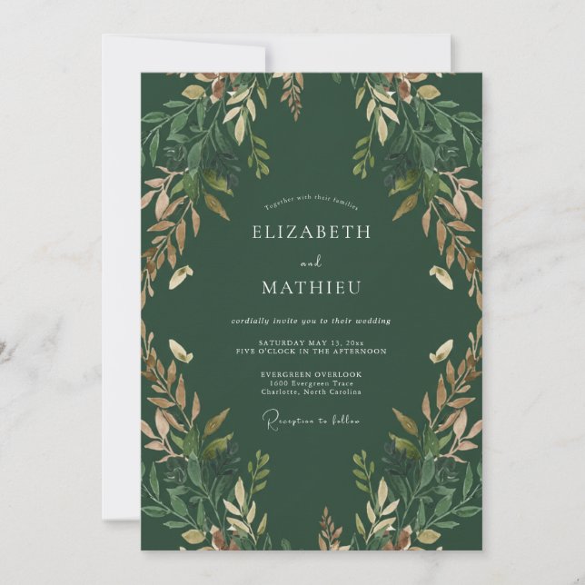 Deep Green Woodland Botanical Wedding Invitation (Front)