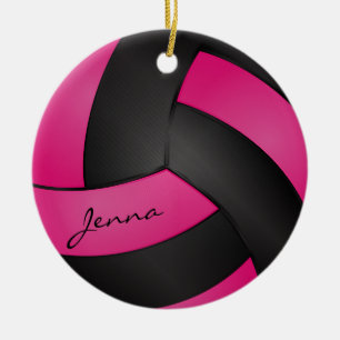 Deep Hot Pink and Black Personalise Volleyball Ceramic Tree Decoration