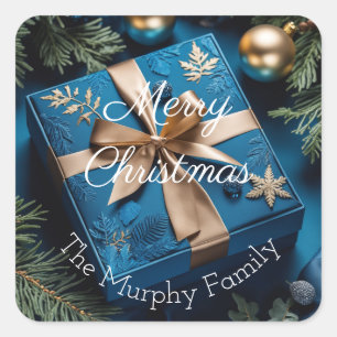 Deep Ice Blue and Gold Christmas Gifts Square Sticker