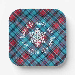 Deep Indigo, Aqua, Red & Shades of Blue Plaid Paper Plate