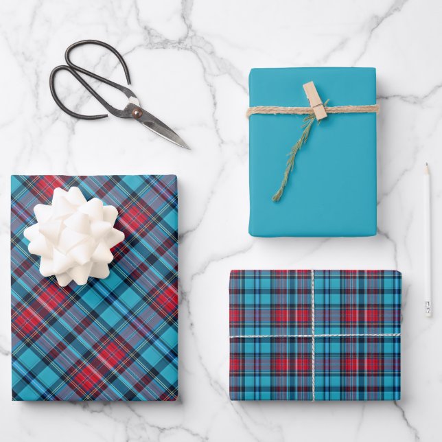 Deep Indigo, Aqua, Red & Shades of Blue Plaid Wrapping Paper Sheet (Front)
