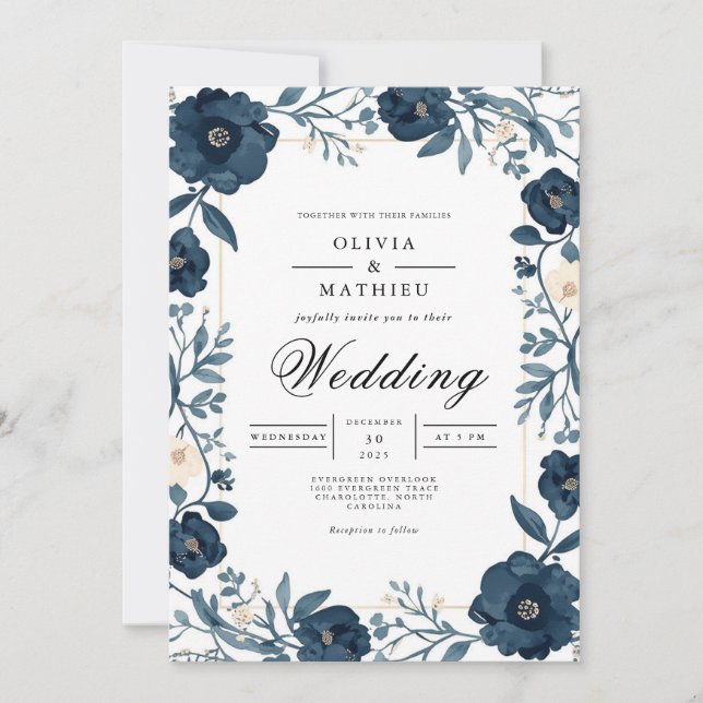Deep Indigo Floral Border Wedding Invitation (Front)