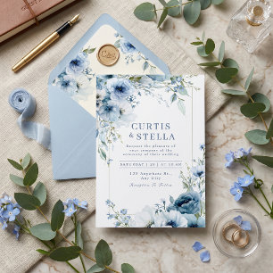 Deep Indigo Watercolor Blue Rose Border Wedding Invitation