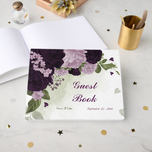 deep & light purple flowers greenery guest book