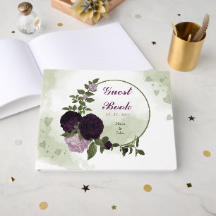 deep & light purple flowers greenery guest book