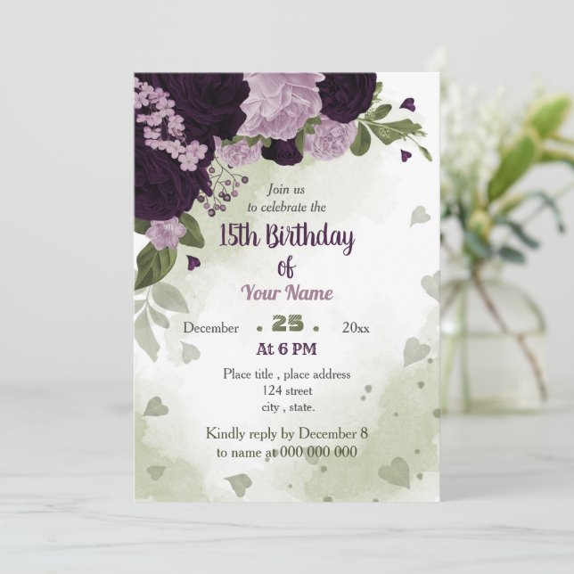 deep light purple flowers greenery  invitation (Standing Front)
