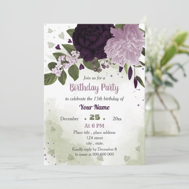 deep light purple flowers greenery  invitation (Standing Front)