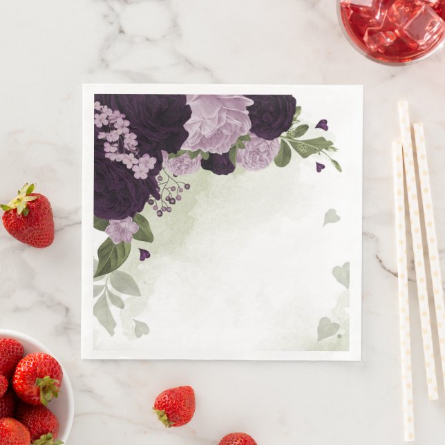 Deep & light purple flowers greenery napkin (Insitu)