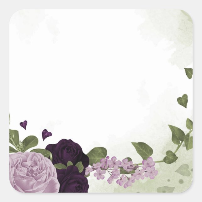 Deep & light purple flowers greenery square sticker (Front)