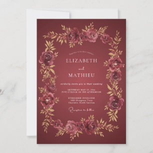 Deep Maroon Gilded Floral Wedding Invitation