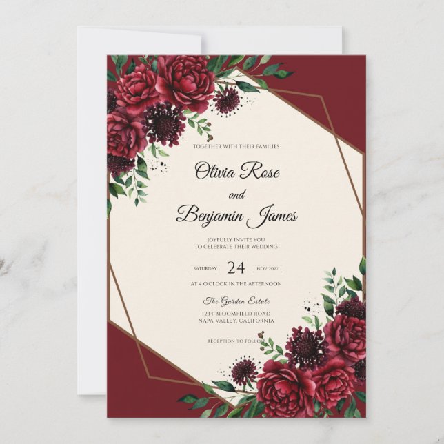 Deep Maroon Ranunculus Muted Eucalyptus Wedding Invitation (Front)