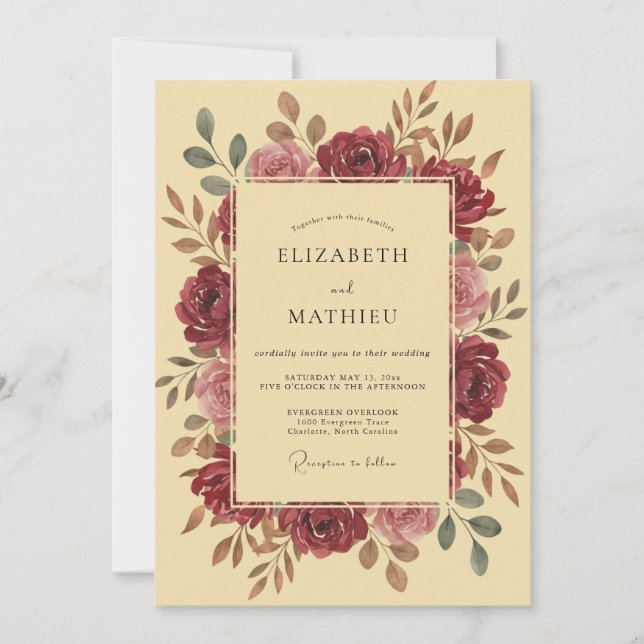 Deep Maroon Wreath Wedding Invitation (Front)