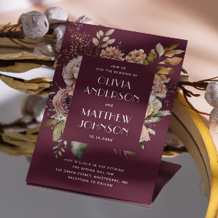 Deep Merlot Wedding   Floral Burgundy Plum QR Code Invitation
