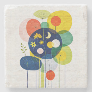Deep Moody Botanical Whimsical Geometric Folk Art Stone Coaster