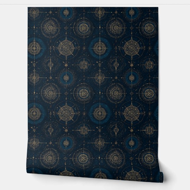 Deep Navy and Bronze Nautical Compass Rose Wallpaper (Unrolling)