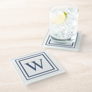 Deep Navy And White Square Border Monogram Glass Coaster