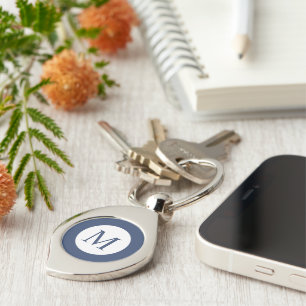 Deep Navy And White Square Border Monogram  Key Ring