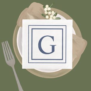 Deep Navy And White Square Border Monogram  Napkin