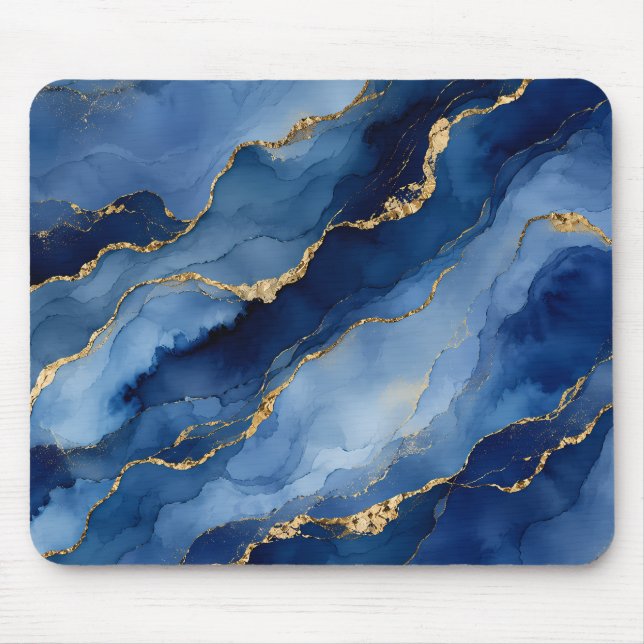Deep Navy Blue and Gold Alcohol Ink Agate Textur Mouse Pad (Front)