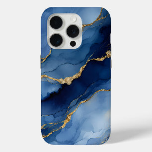 Deep Navy Blue and Gold Alcohol Ink Agate Texture iPhone 15 Pro Case