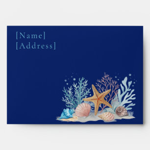 Deep Navy Blue Under the Sea Coral Reef Wedding Envelope