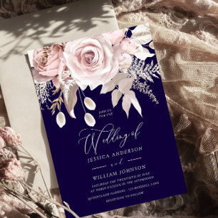 Deep Navy & Blush Designer Dusty Rose Wedding Invitation