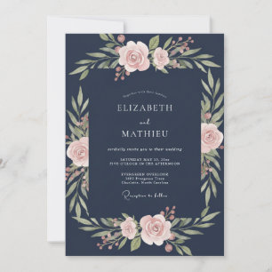 Deep Navy Blush Watercolor Wedding Invitation