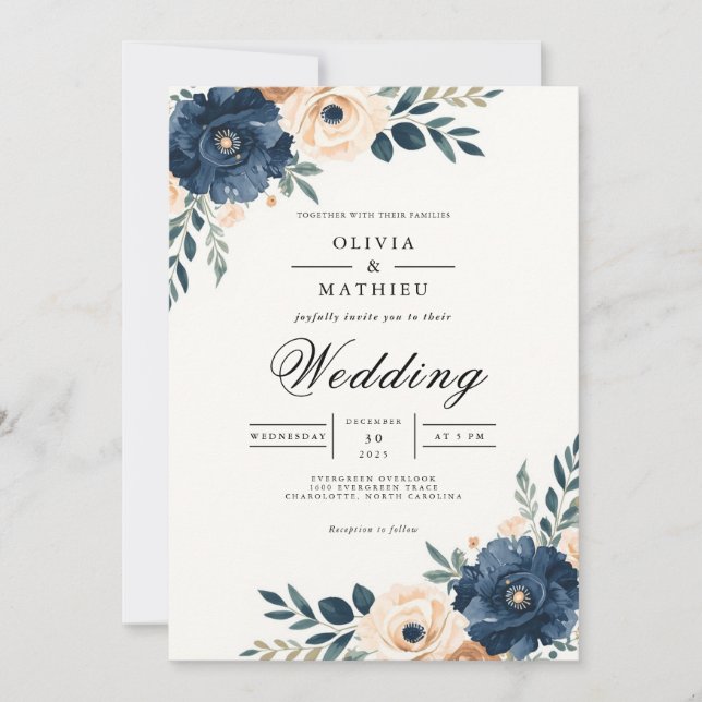Deep Navy Botanical Bloom Wedding Invitation (Front)