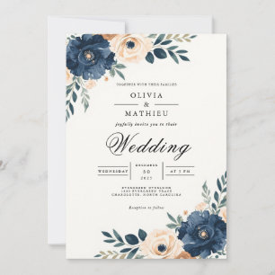Deep Navy Botanical Bloom Wedding Invitation