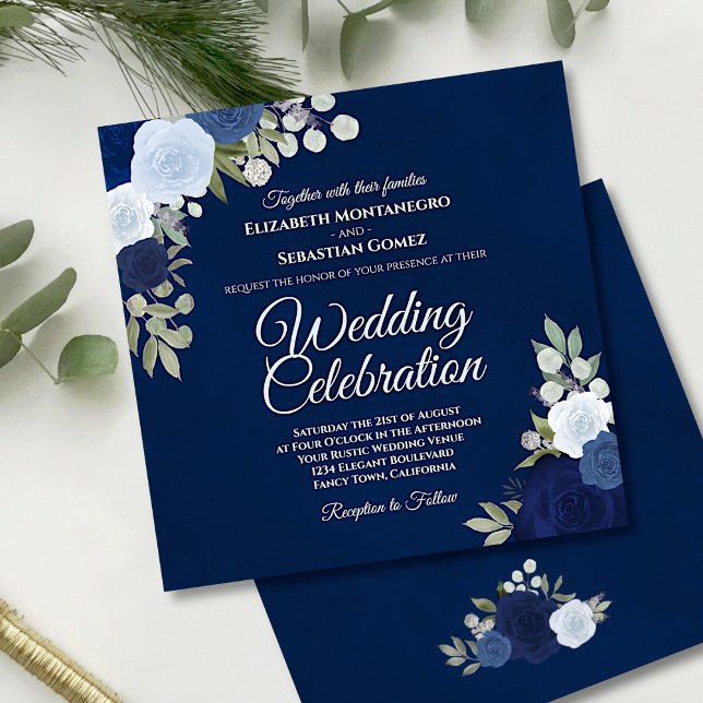 Deep Navy Elegant Indigo Dusty Blue Roses Wedding Invitation (Creator Uploaded)