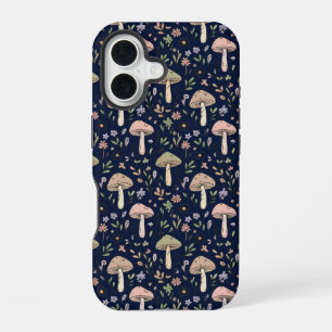 Deep Navy Fungi Seamless Pattern Dark Academia iPhone 16 Case