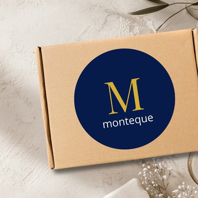 Deep Navy Gold Monogram Personalised Name Luxury  Classic Round Sticker (Creator Uploaded)