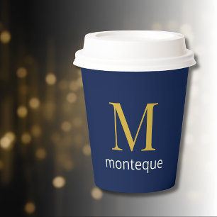 Deep Navy Gold Monogram Personalised Name Luxury Paper Cups