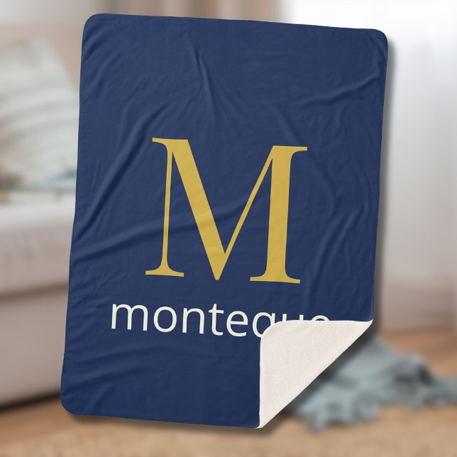 Deep Navy Gold Monogram Personalised Name Luxury  Sherpa Blanket (Creator Uploaded)